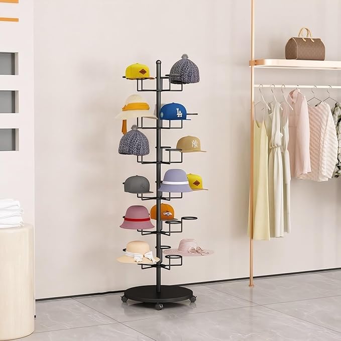 6 Tier Hat Rack with 30 Hooks, Freestanding Hat Rack Stand, Metal Hat Organizer Rack, Rolling Retail Hat Display Rack for Home/Store(Black,6 Tier)