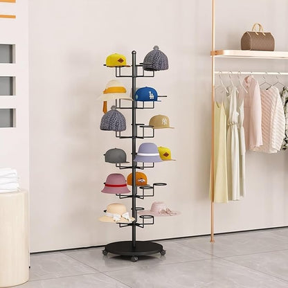 6 Tier Hat Rack with 30 Hooks, Freestanding Hat Rack Stand, Metal Hat Organizer Rack, Rolling Retail Hat Display Rack for Home/Store(Black,6 Tier)
