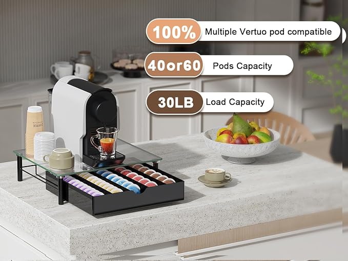 gianotter Crystal Tempered Glass Vertuo Pod Holder Drawer, Compatible with Nespresso Vertuo Capsules, Compatible with 40 Large or 60 Small Nespresso Capsule Organizer (transparent)