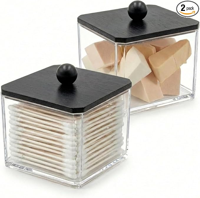 SheeChung Qtip Holder for Bathroom - Acrylic Cotton Swab Dispenser with Black Wood Lid, Clear Apothecary Jar for Cotton Balls, Pads, Flossers, Farmhouse Bathroom Vanity Organizer (2 pack)