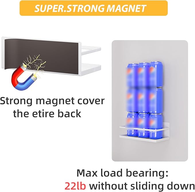 Magnetic Spice Rack for Refrigerator, 2 Pack Magnetic Shelf, Fridge Magnet Organizer with Moveable 6 Hooks, Magnetic Fridge Shelf for Kitchen Organization and Storage(White, 2 Pack)