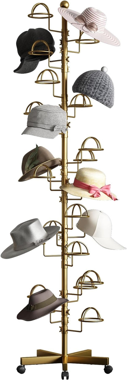 Freestanding Hats Rack Stand with 25 Customizable Circular Hooks Metal Hat Rack Hats Tree Organizer Rack Display Standing Floor Hat Stand for Home Store Commercial, Gold