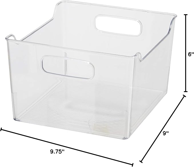Oggi Storage Bin With Handles - Deep (9.75" x 9" x 6") - Ideal for Kitchen Organization, Pantry Storage, Fridge Organizing, Clear (Pack of 2)