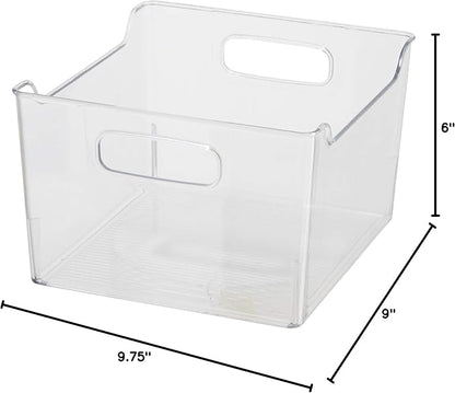 Oggi Storage Bin With Handles - Deep (9.75" x 9" x 6") - Ideal for Kitchen Organization, Pantry Storage, Fridge Organizing, Clear (Pack of 2)