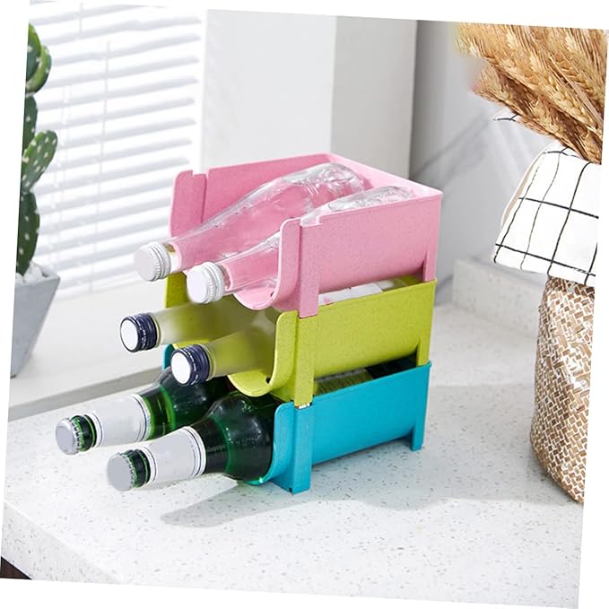 Cabilock 3pcs Stackable Drink Storage Container Non-skid Fall Beer Can and Wine Organizer for Fridge Creative Household Green Blue and Pink