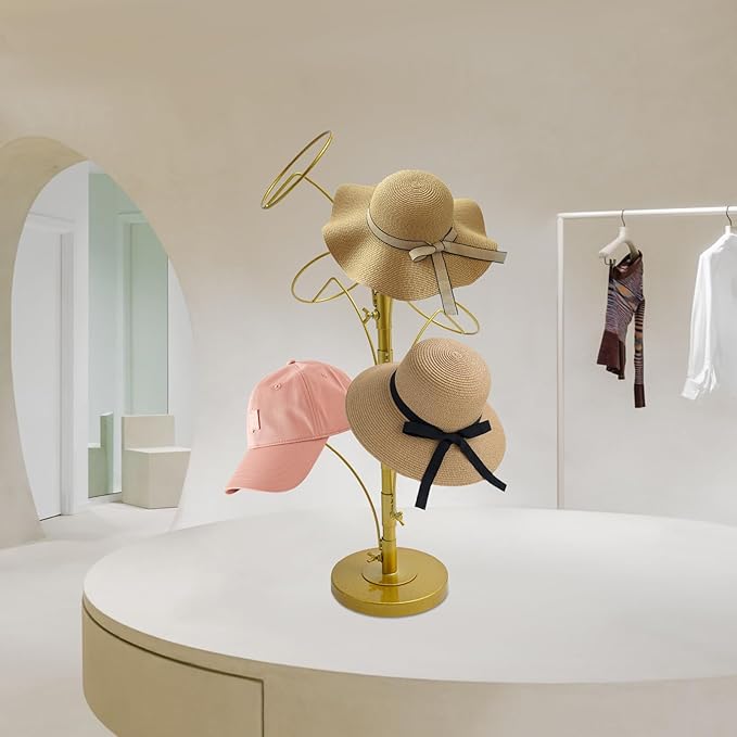 6 Hooks Hat Cap Rack Stand, Adjustable Hooks, Metal Hats Wig Display Hanger for Home Closet Retail Store (Gold)
