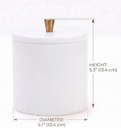 Real White Marble Qtip Holder with Lid and Copper Knob – Round Cotton Swab Container for Bathroom Vanity – Natural Stone Organizer with Rubber Feet – 4.3" Dia x 5.3" H (11 x 13.5 cm), 3.3 lbs