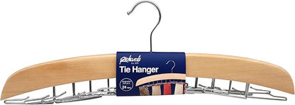 Richards Wooden Tie Rack Hanging Organizer for Mens Closet Accessories, Space Saving Necktie Holder for Storage and Display, Holds 24 Ties, Hook, Natural Wood with Chrome Accents