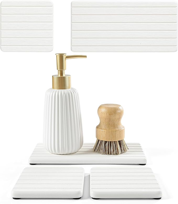 Fast Water Absorption Sink Organizer Tray Set, 3-Pack Compact and Space-Saving Stone Soap Holder Caddy for Kitchen & Bathroom Counter, Faucet Splash Guard, White (1pc of 8"x3.8" + 2pcs of 3.8"x3.8")