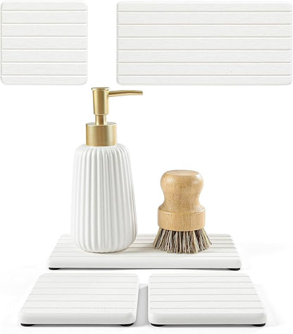 Fast Water Absorption Sink Organizer Tray Set, 3-Pack Compact and Space-Saving Stone Soap Holder Caddy for Kitchen & Bathroom Counter, Faucet Splash Guard, White (1pc of 8"x3.8" + 2pcs of 3.8"x3.8")
