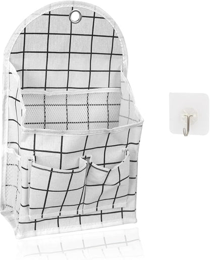 FuninCrea Wall Hanging Storage Bag, Black and White Checkered Linen Organizer Wall Mounted Punch-Free Over The Door Storage Pouch with 6 Storage Pockets and 1 Hanging Hook (White)