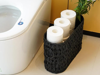 Coeusy Black Toilet Paper Storage Basket,Large Free Standing Toilet Paper Organizer,Waterproof Narrow Wicker Basket for Bathroom,Under Sink,or Cabinet