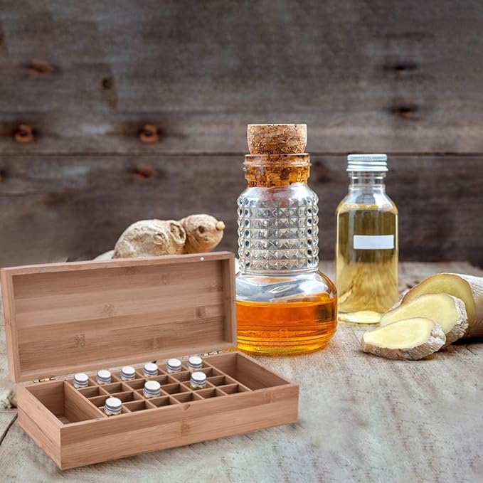 Pure Vie Essential Oil Bamboo Storage Box Travel Display Presentation, Holds 26 Bottles for 5, 10, 15ml - Aromatherapy Organizer Nail Polish Fragrance Container - Keep Your Oils Safe & Space Saver