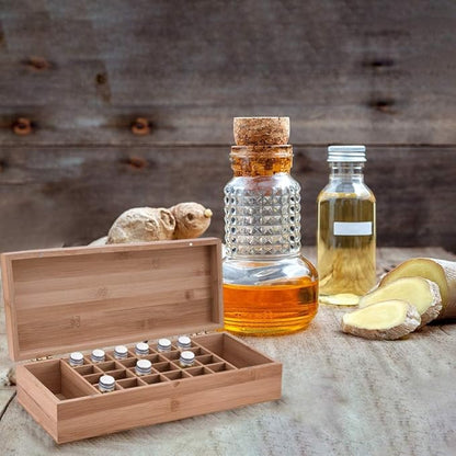 Pure Vie Essential Oil Bamboo Storage Box Travel Display Presentation, Holds 26 Bottles for 5, 10, 15ml - Aromatherapy Organizer Nail Polish Fragrance Container - Keep Your Oils Safe & Space Saver
