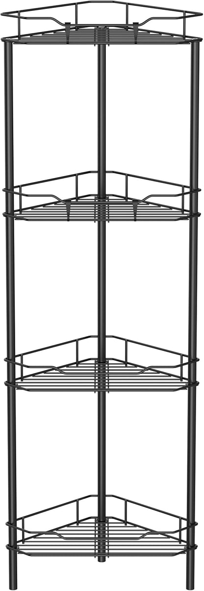 HuggieGems 4 Tier Floor Standing Corner Shower Caddy Organizer Shelf with Hooks, Bathroom Shelves Stand Rack, Black