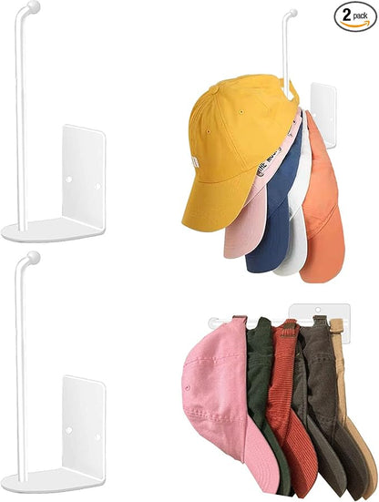 ZIQON 2 Pack Hat Racks for Baseball Caps Stainless Steel Adhesive Hat Hanger Hooks Holder for Wall Hat Holder Storage Organizer Hat Hanger Strong Adhesive/Wall Drilled for Door Closet (White)