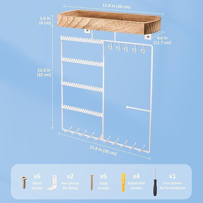 Lolalet Hanging Jewelry Organizer with Wood Shelf, 6-Tier Wall Mount Jewelry Holder with Earrings Holder Bracelets Holder Necklaces Hooks, Jewelry Display Rack for Wall Bathroom -White