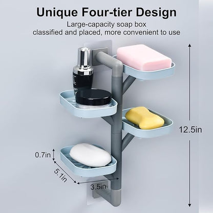 Soap Holder Four Layer Wall Mounted NO-Drilling Rotatable Self-draining Removable Soap Dish for Shower Bathroom Tray,Self Draining Sponge Holder,Razor Holder (Blue/Gray)