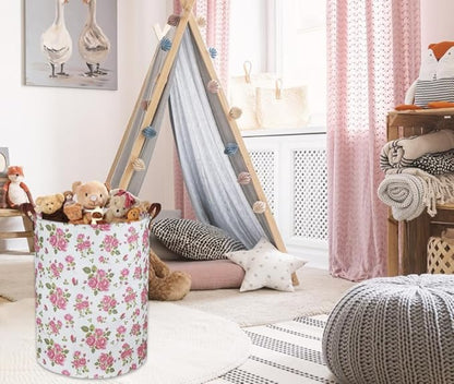 Roses Pink Laundry Basket Baby Girls Laundry Hamper Kids Toy Storage Bins Organizer Gift Basket Pink Rose Bedroom Decor Bathroom(Pink Rose)