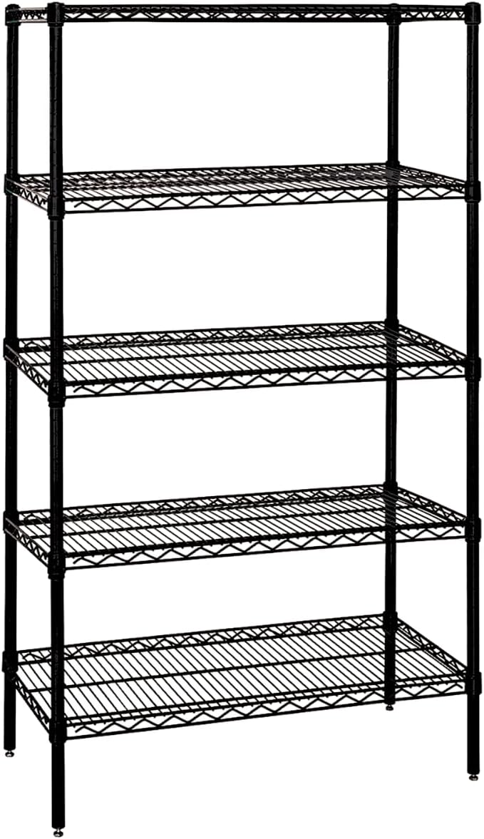Quantum Storage Systems WR63-2124BK-5 Wire Shelving Starter Kit, 24" W x 21" D x 63" H, 600 lbs Capacity, Carbon Steel, Epoxy Coated, Black, NSF