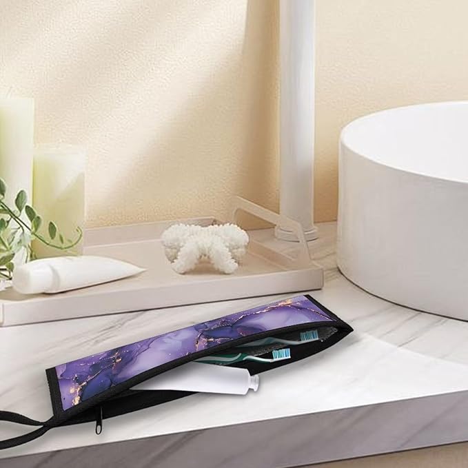 Purple Marble Tableware Storage Pouch Portable Cutlery Bag Straw Carrying Case Cutlery Drawstring Net Bag Travel Bag for Straws, Knife, Fork, Spoon, Chopsticks