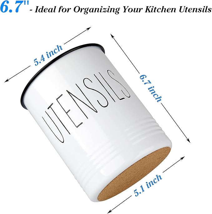 Bivvclaz Kitchen Utensil Holder, 6.7" Utensil Holder for Kitchen Counter, Cooking Utensil Crock with Cork Bottom, Modern Farmhouse Decor, Countertop Utensil Storage Caddy Organizer, White