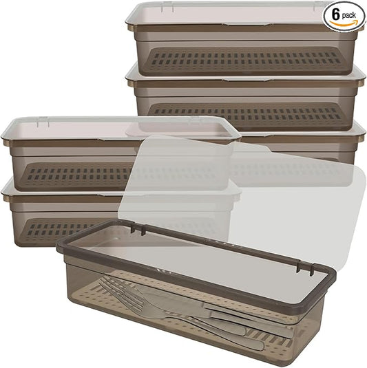 6 Pcs Flatware Tray with Lid Large Plastic Drainer Silverware Utensil Clear Drawer Organizer Cutlery Storage Container Box Dinnerware Holder with Cover for Home Kitchen Travel