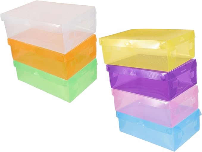 Vaguelly 7pcs Stackable Shoe Storage Box Plastic Sneaker Organizer Lid Space-saving Containers for High Heels Boots and Sneakers Multi-color Options