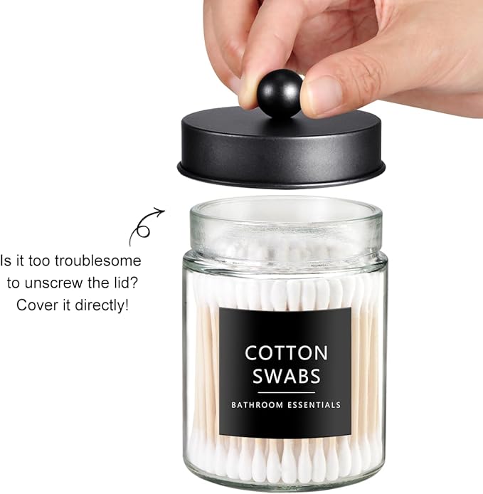 SheeChung 3-Pack Glass Apothecary Jars with Acrylic Vanity Tray - Bathroom Organizer Set for Qtip, Cotton Ball, Floss Picks - Modern Industrial Style Bathroom Accessories Storage Canister (Black)