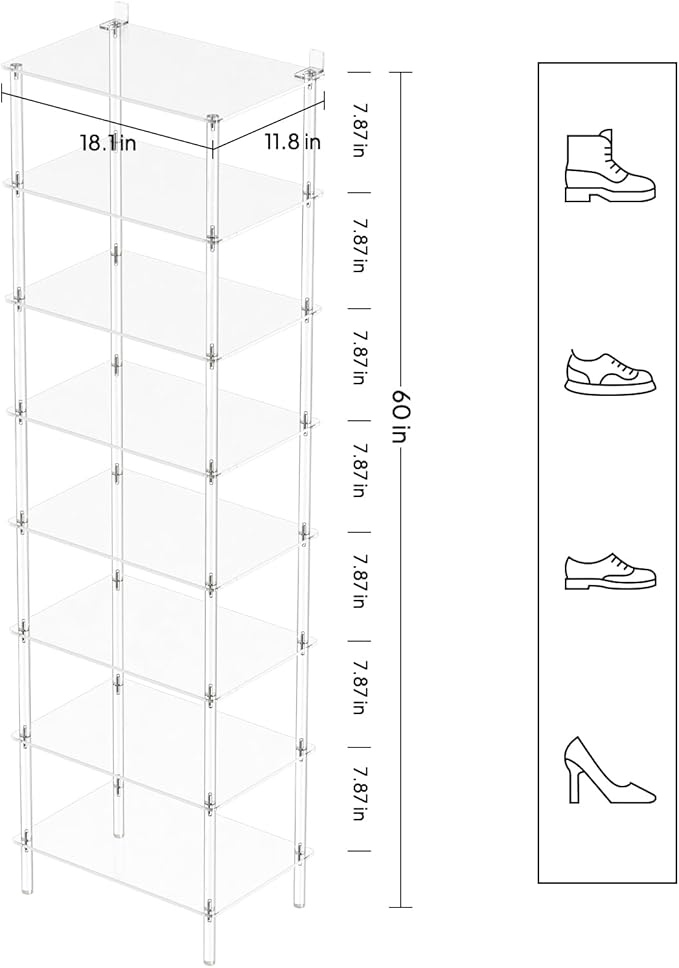 Aquiver Acrylic 8 Tiers Tall Shoe Rack - Shoe Organizer for Entryway - Narrow Shoe Storage Shelf Clear Shoes Rack for Closet, Store 16-20 Pairs of Shoes, 18.1'' L x 11.8'' W x 61'' H, Easily Clean