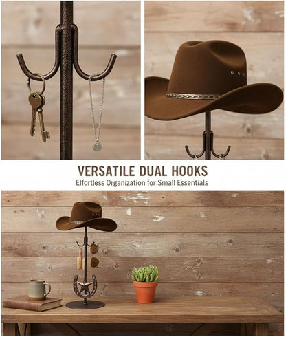 2 Pack Cowboy Hat Rack,Tabletop Standing Cowboy Hat Holder ，Western Horseshoe Decor，Hat Display Stand Can Keeps Original Shape of Hat, for Wide-brimmed Hat，Iron, Bronze