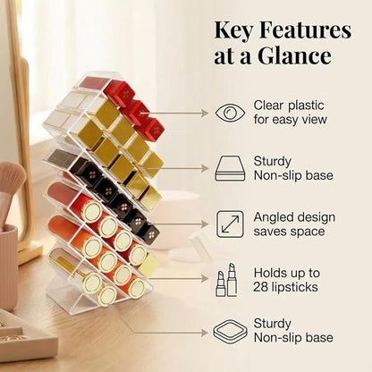 Nimiah Lipstick Organizer Holder 28-Slots - Stackable Clear Fish Shape Lipstick Tower for Vanity, Countertop, Desktop - Space-Saving Storage Holder for Lip Gloss, Makeup Brushes