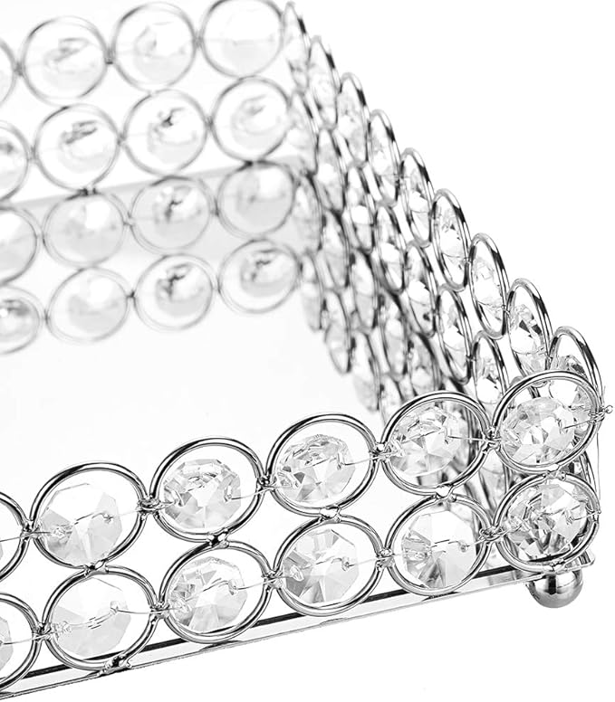 Hipiwe Crystal Cosmetic Vanity Tray, Mirrored Decorative Jewelry Organizer Tray for Perfume, Trinket, Makeup Display Dresser Home Decor (Large, Silver)