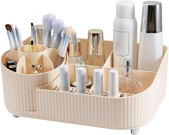 DASITON Large Capacity Makeup Organizer with 360° Rotating Makeup Brush Holder, Multi-Compartment Skincare and Cosmetic Storage for Vanity, Bathroom Countertop, Dresser, Desktop Storage Box (Cream)