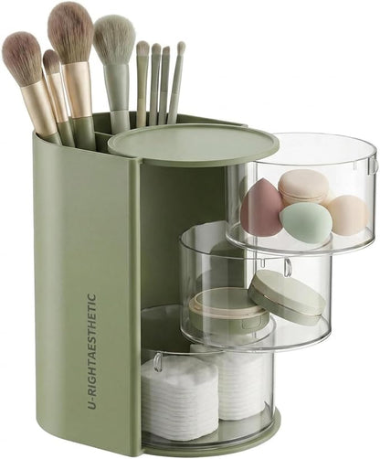 Sage Green Makeup Organizer Countertop for Vanity, Hair Accessories Organizer with Hair Brush Holder, Hair Organizer Storage for Hair Ties, Makeup Pads, Makeup Brushes, Beauty Blender