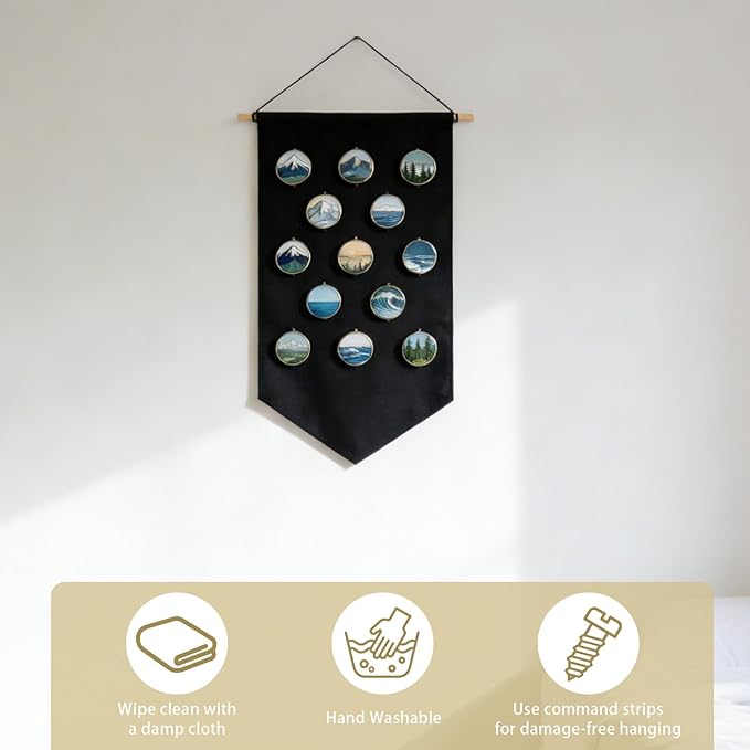 Winmany Wall Hanging Brooch Jewelry Storage Case Canvas Display Stand Enamel Pin Display Banner Holder Earrings Necklace Glitter Pin Collection Organizer (Black)
