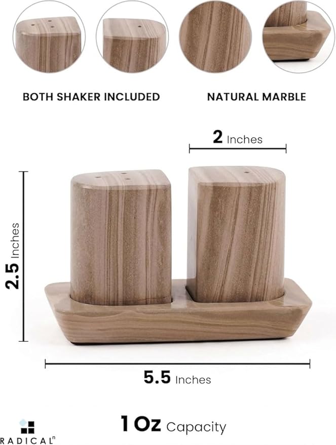 Radicaln Marble Salt & Pepper Shakers Set 2.5" Natural Brown Modern Kitchen Essentials for Cooking and Dining, Stone Spice Holder & Saleros for Black Pepper, Pink Salt