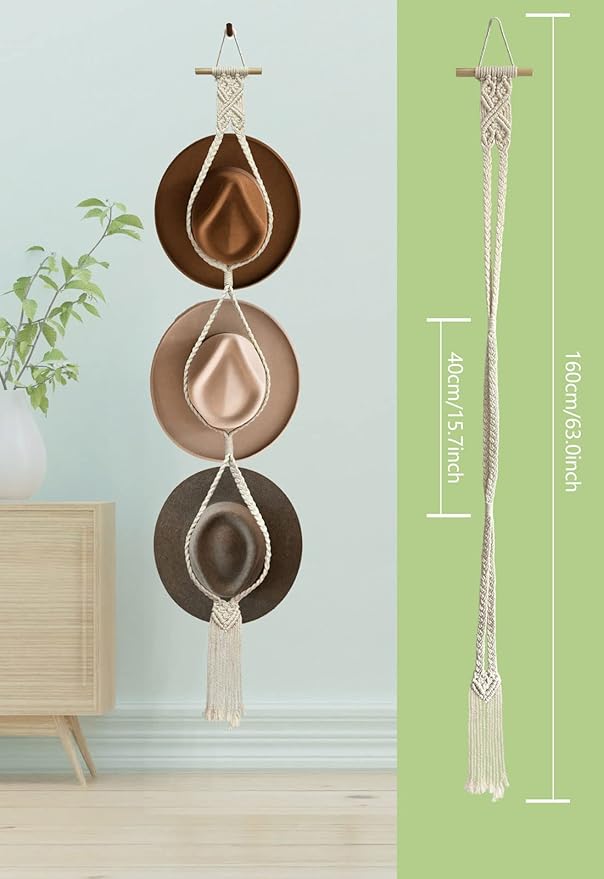Besoamo Bohemian Hat Hangers Hat Organizer for Wall, Macrame Woman Hat Rack Hat Holder for Wall Hanging, Hand Weaving Boho Hat Holder Decorative Cap Organizer for Wide Brim Caps (Three Hats Style)