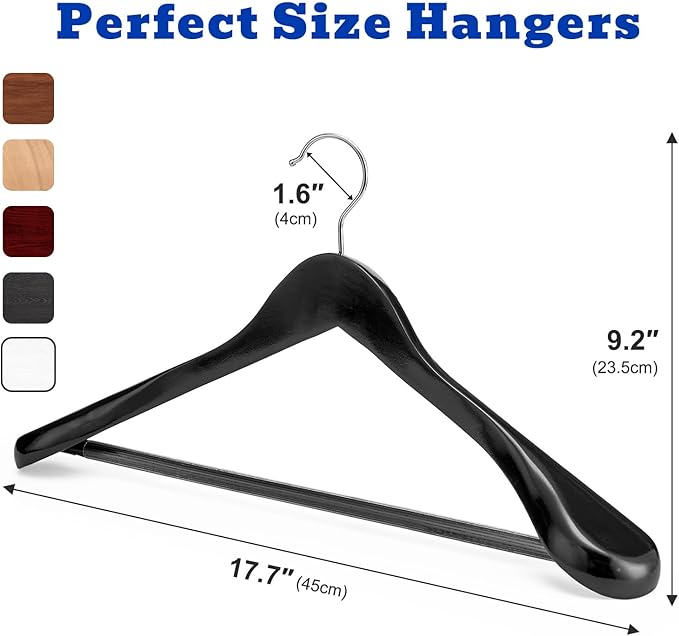 HOUSE DAY High-Grade Suit Hangers, Wide Shoulder Wooden Hangers with Non Slip Pants Bar, Smooth Finish 360° Swivel Hook Solid Wood Coat Hangers for Dress, Jacket, Heavy Clothes Hanger 6 Pack (Black)