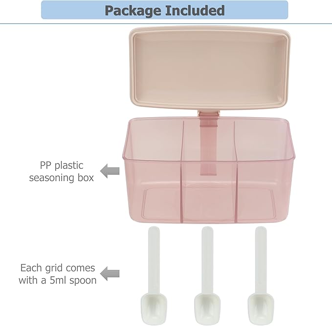 EIKS Seasoning Box with Lid & Spoons for Serving & Storing Salt Sugar Spice Pepper Condiment in Home Kitchen Coffee Restaurant (Pink)