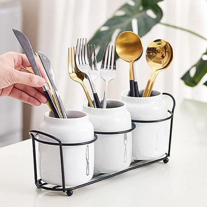 4 Piece Silverware Holder for Organizer Countertop White Ceramic Silverware Caddy with Black Metal Rack, Fork Spoon Utensil Holder Flatware Organizers Cutlery Storage for Kitchen Tabletop Cabinet