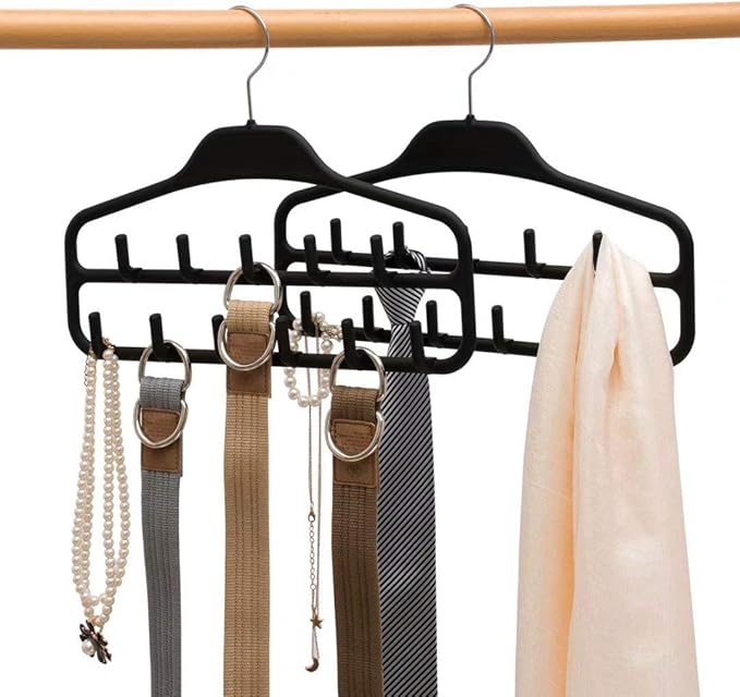Belt Hanger Rack Holder 2 Pack, Sturdy Organizer with 360 Degree Swivel, 11 Large Hooks for Closet, Non Slip Rubberized Storage, Black, 14 x 0.39 x 11 Inch