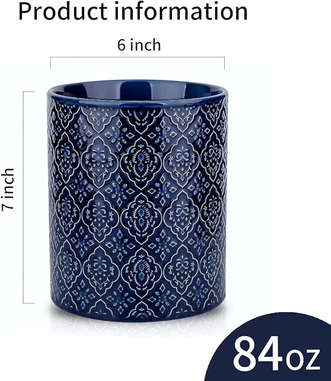 KOOV Kitchen Utensil Holder, Large Utensil Holders for Countertop, 6 x 7 Inches Ceramic Utensil Crock, Deep and Stable, Cooking Utensil Holder, Embossed Pattern (BLue)