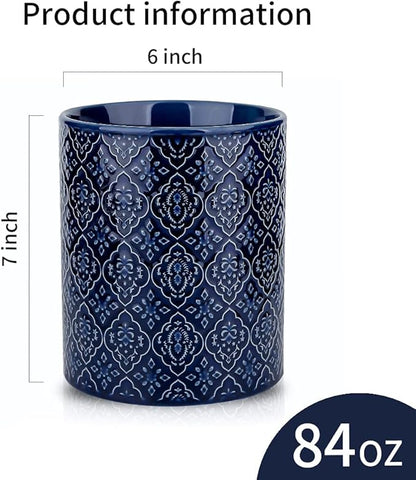 KOOV Kitchen Utensil Holder, Large Utensil Holders for Countertop, 6 x 7 Inches Ceramic Utensil Crock, Deep and Stable, Cooking Utensil Holder, Embossed Pattern (BLue)
