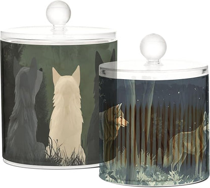 2 Pack Qtip Dispenser Apothecary Jars with Lids Cotton Round Holder Bathroom Canisters for Cotton Swab Floss Ball Pads Clear Plastic Decorative Green Wolves Mountain Forest