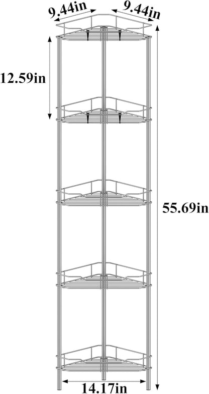 HuggieGems 5 Tier Floor Standing Corner Shower Caddy Organizer Shelf with Hooks, Bathroom Shelves Stand Rack, Gray