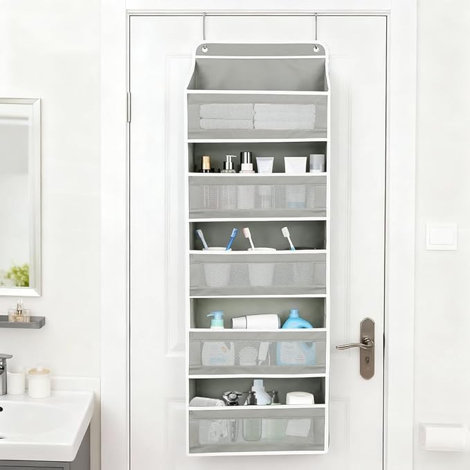 Over The Door Storage Organizer with 5 Extra Large Pockets & Side Mesh Pouches, Hanging Closet Door Organizer for Bedroom, Baby Nursery Storage, Anti-Tilt Design, Fits 1.6" Doors-Gray