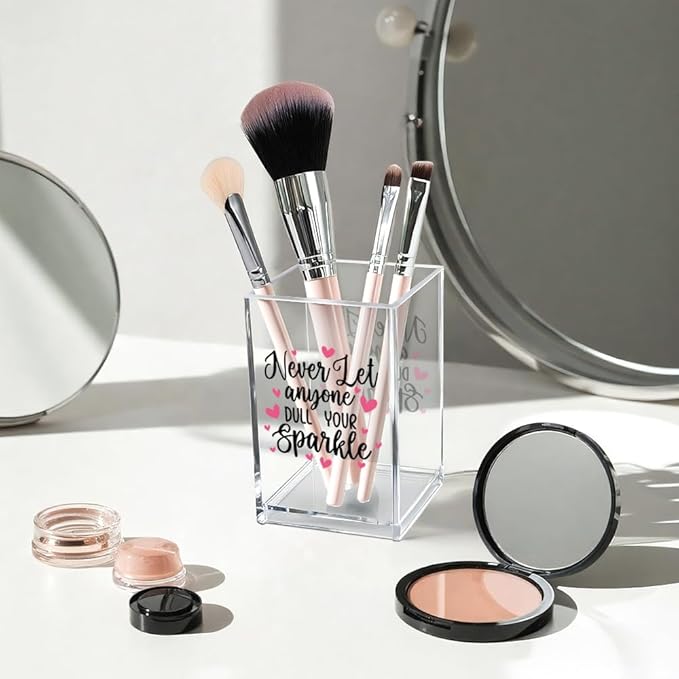Never Let Anyone Dull Your Sparkle Acrylic Makeup Brush Organizer Holder, Girl Power Desk Acrylic Brushes Storage, Inspirational Quote Gifts for Women Friend Sister Make Up Artist Makeup Lover