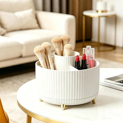 360°Rotating Makeup Brush Holder Organizer, White Countertop Cosmetic Display Case, Spinning Skincare Storage Carousel for Vanity, Desktop & Bathroom