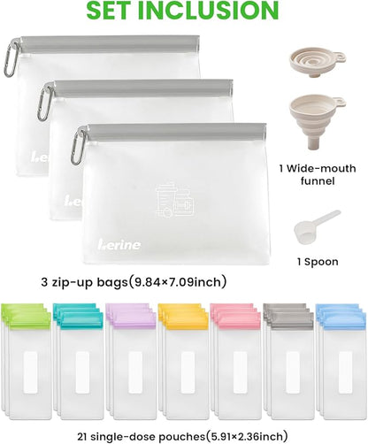 Lerine Protein Powder Travel Container Set, Reusable Protein Powder Container To Go, 21Pcs Single Dose Bags & 3Pcs Large Zip Bags, Portable Supplement Storage Containers with Funnel, Spoon